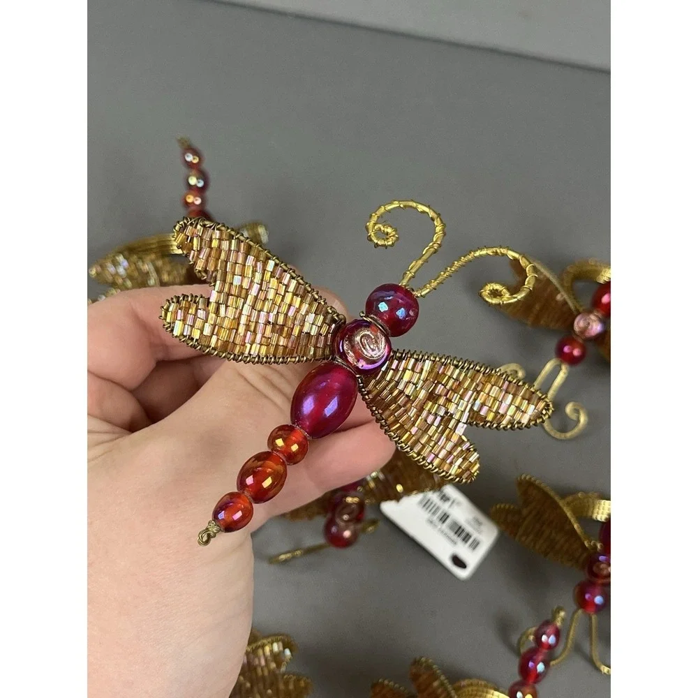 10 Pier One Imports Beaded Dragonfly Napkin Rings Gold Wire Wings & Orange Beads